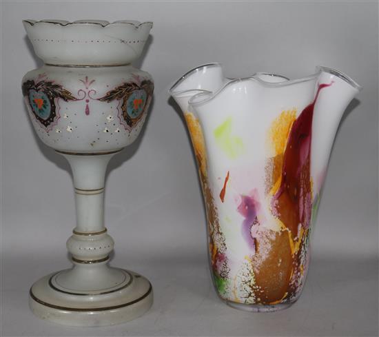 A glass painted vase and one other
